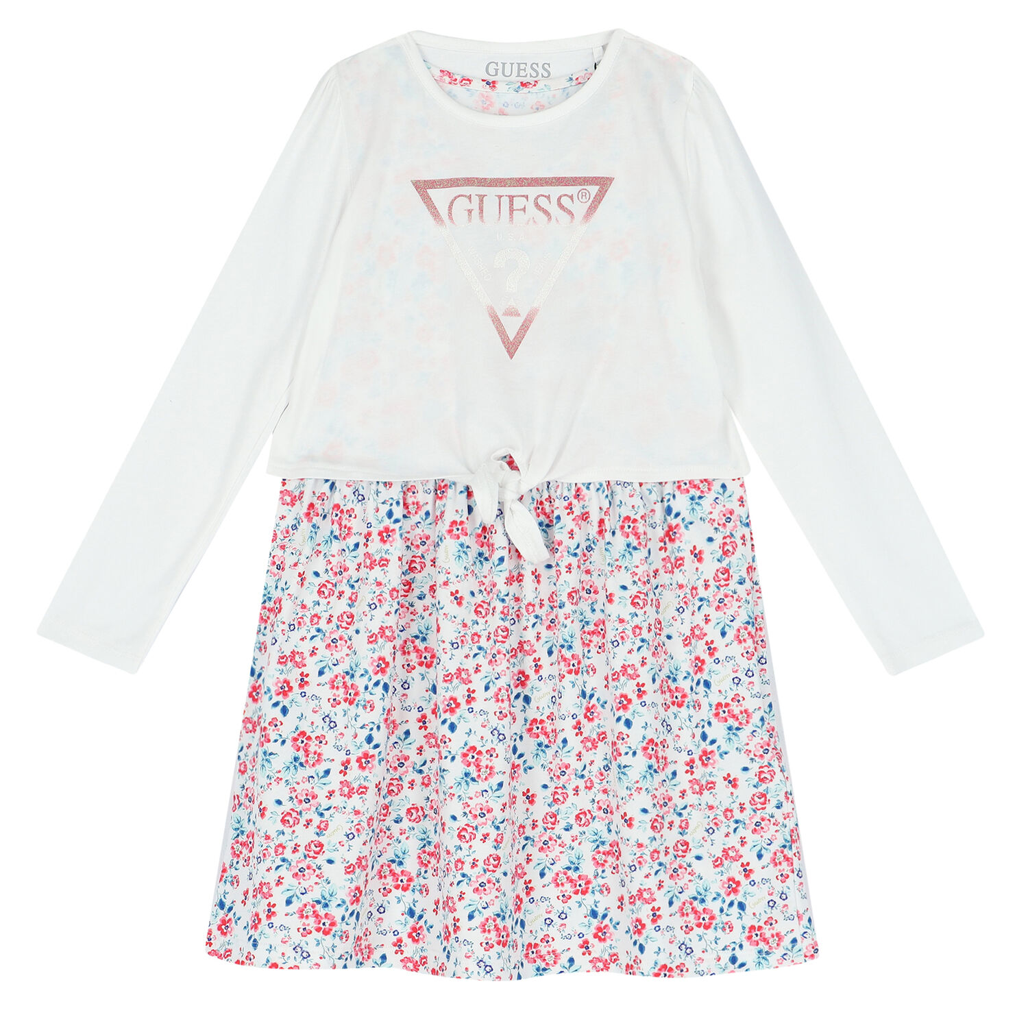 Younger Girls White & Floral Logo Dress, 1, hi-res