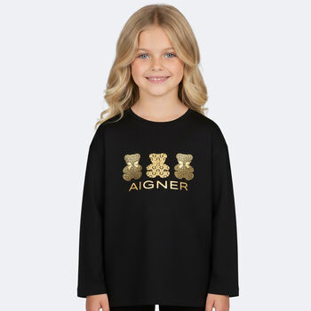 Girls Black & Gold Teddy Bear Logo Long Sleeve Top