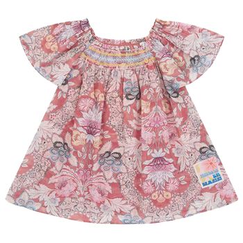 Girls Pink Floral Shirred Dress