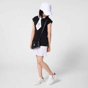 Girls Black & White Pleated Crepe Dress