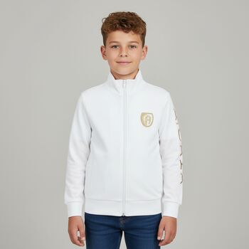 سترة رياضية بسحاب بالشعار باللون الابيض للاولاد