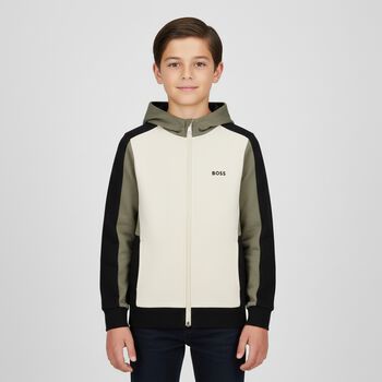Boys Ivory, Green & Black Logo Hooded Zip Up Top