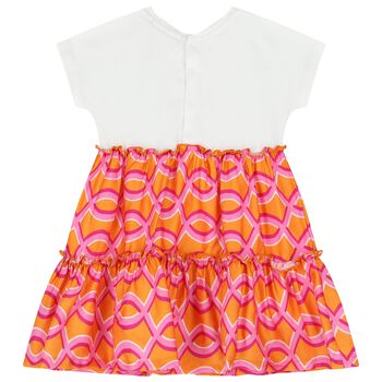 Younger Girls White & Orange Logo Dress