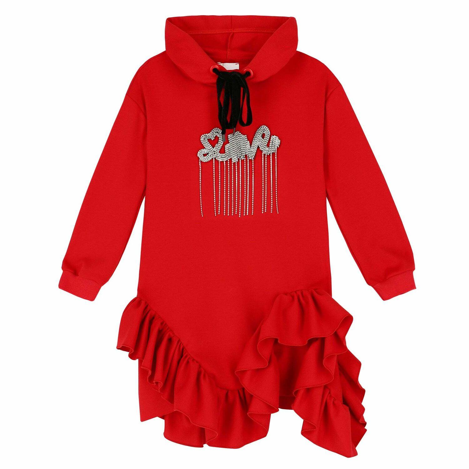 Girls Red Embellished Hooded Dress, 1, hi-res image number null