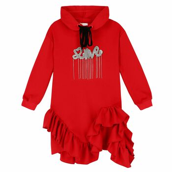 Girls Red Embellished Hooded Dress