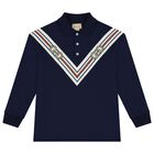 Boys Navy Blue Web Striped Polo Shirt, 1, hi-res