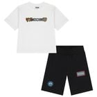 Boys White & Black Teddy Bear Logo Shorts Set, 1, hi-res