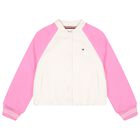 Girls Ivory & Pink Embellished Logo Bomber Jacket, 1, hi-res