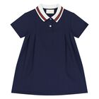 Younger Girls Navy Blue Web Striped Dress, 1, hi-res