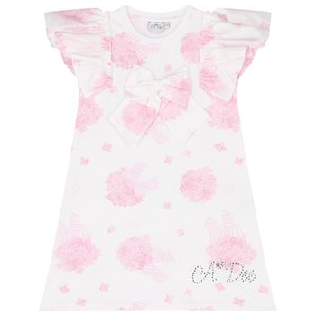 Girls White & Pink Bow Floral Print Dress