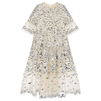 Girls Beige Sequin Tulle Dress