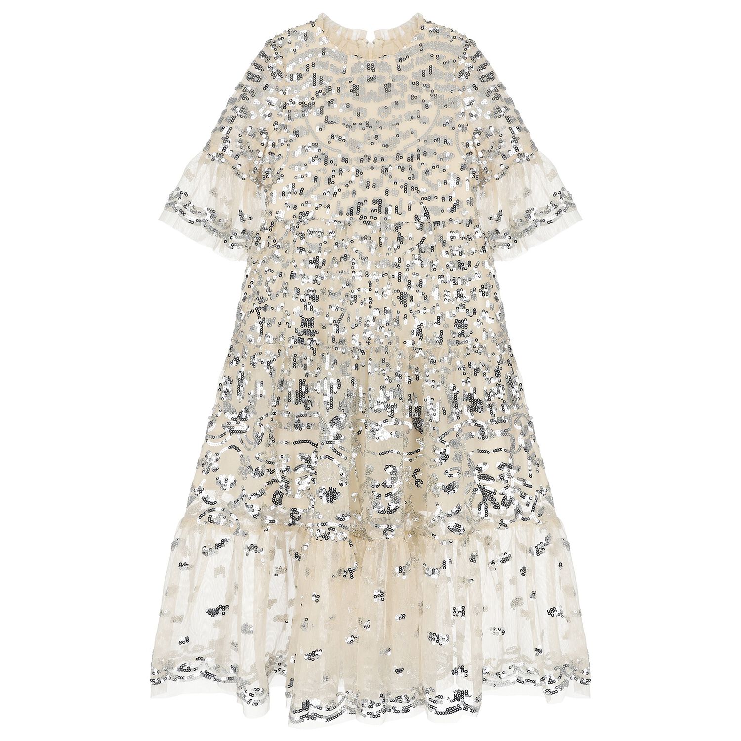 Girls Beige Sequin Tulle Dress, 1, hi-res image number null