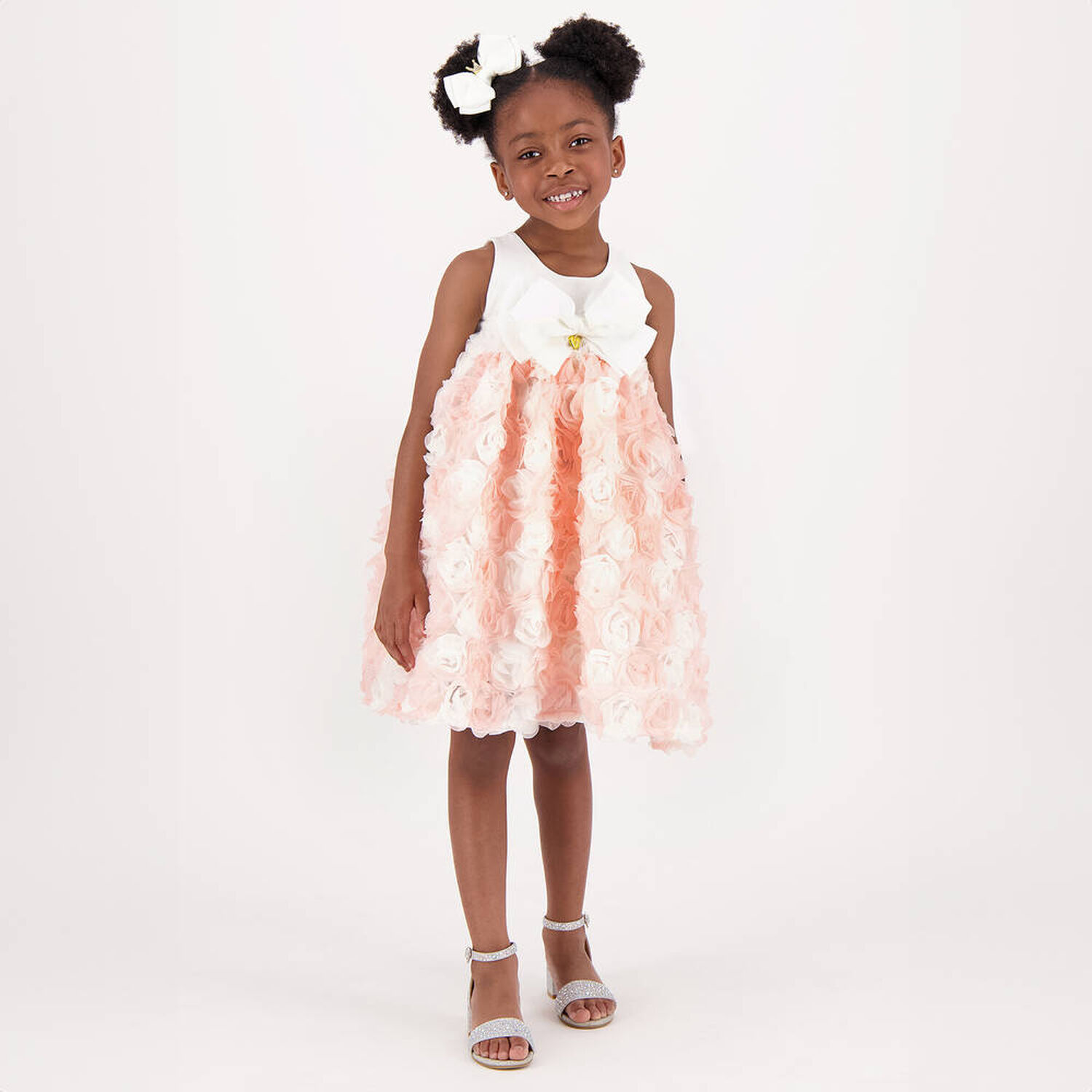 فستان بنات تول مزين بالورود باللون العاجي والوردي, 1, hi-res