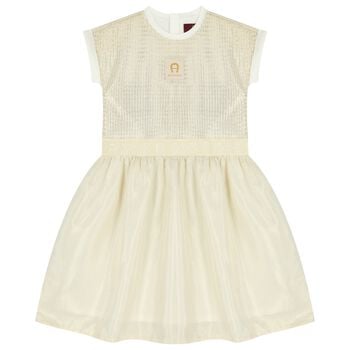 Girls Ivory & Gold Logo Dress