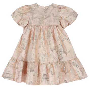 Girls Pink & Gold Jacquard Bow Dress