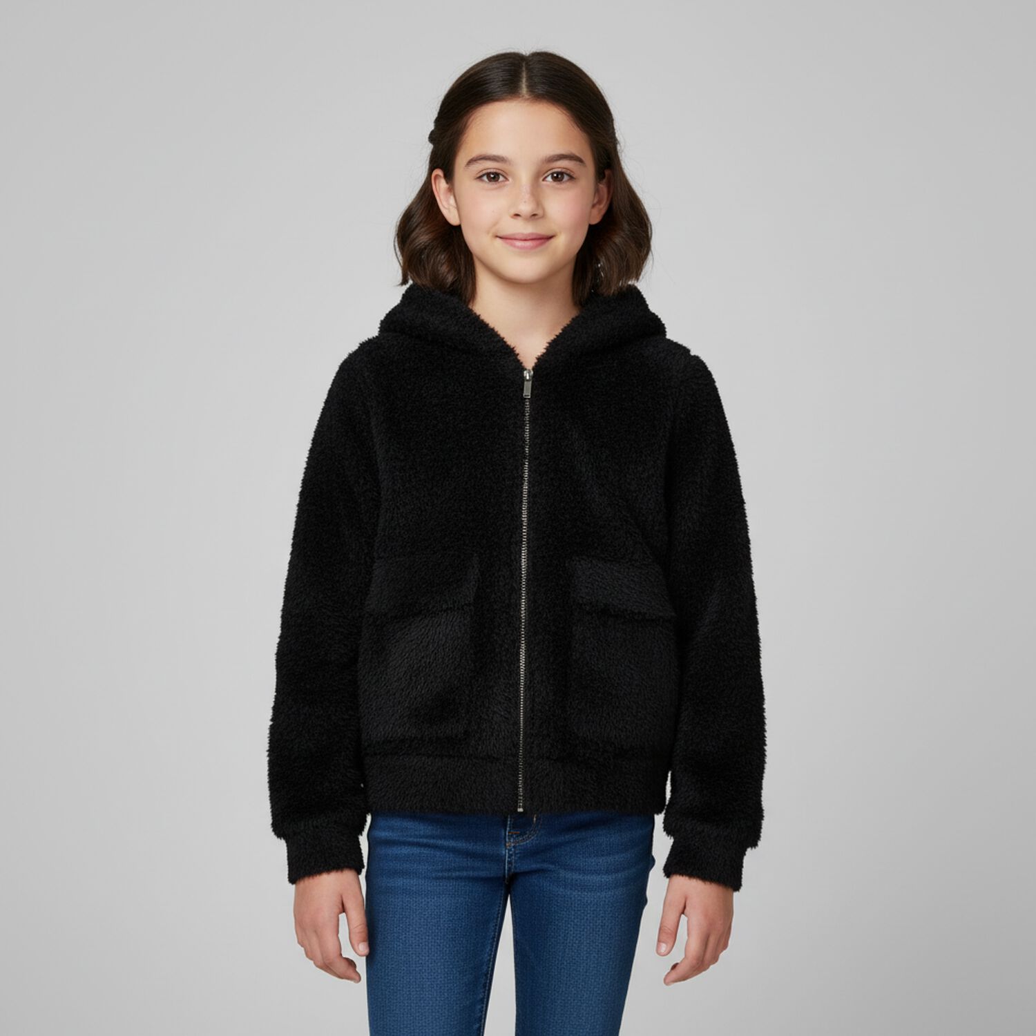 Girls Black Fluffy Knit Hooded Zip Up Top, 1, hi-res image number null