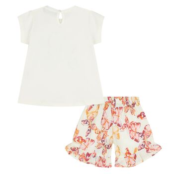 طقم شورتات بنقشة الفراشات باللون العاجي والبرتقالي للفتيات 
