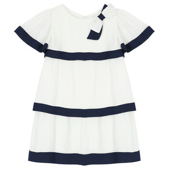 Girls White & Navy Blue Tiered Pleated Dress