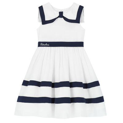 Girls White & Navy Blue Chiffon Dress