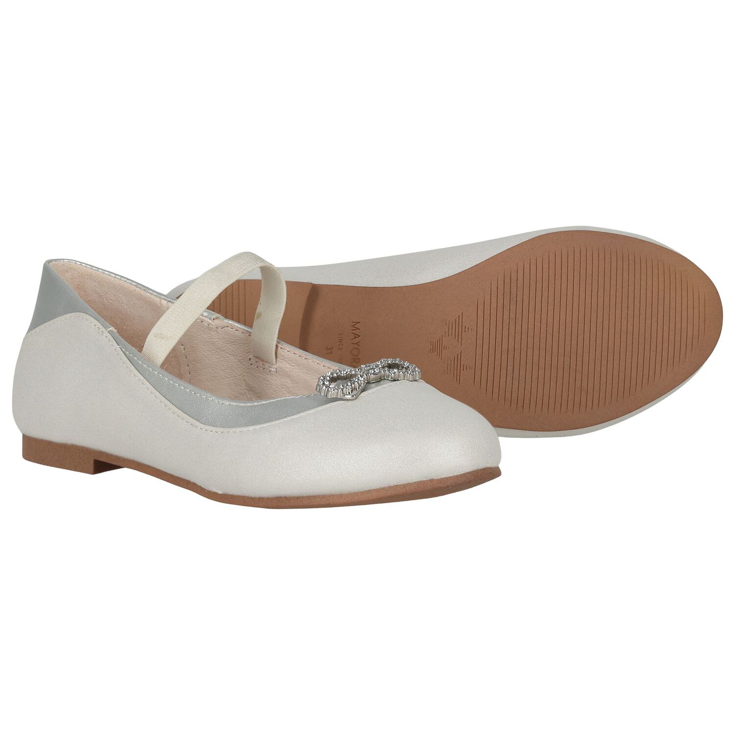 Girls Silver Diamante Bow Shoes, 3, hi-res