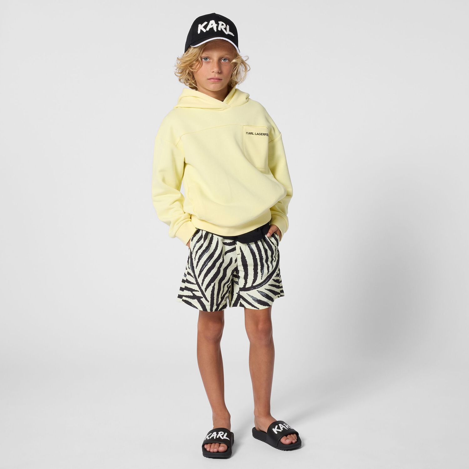 Boys Mini Me Black & Yellow Logo Swim Shorts, 2, hi-res