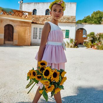 فستان بنات متعدد الطبقات مزين بفيونكة باللون الوردى والأبيض