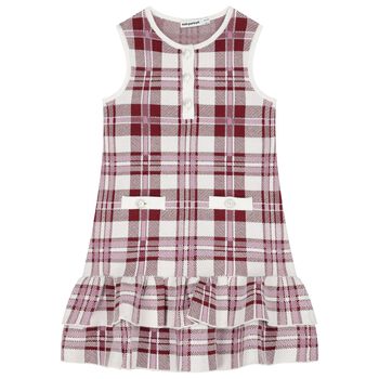 Girls White & Burgundy Red Check Knitted Dress