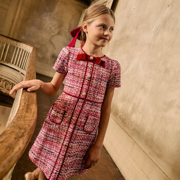 Girls Red Bow Tweed Dress