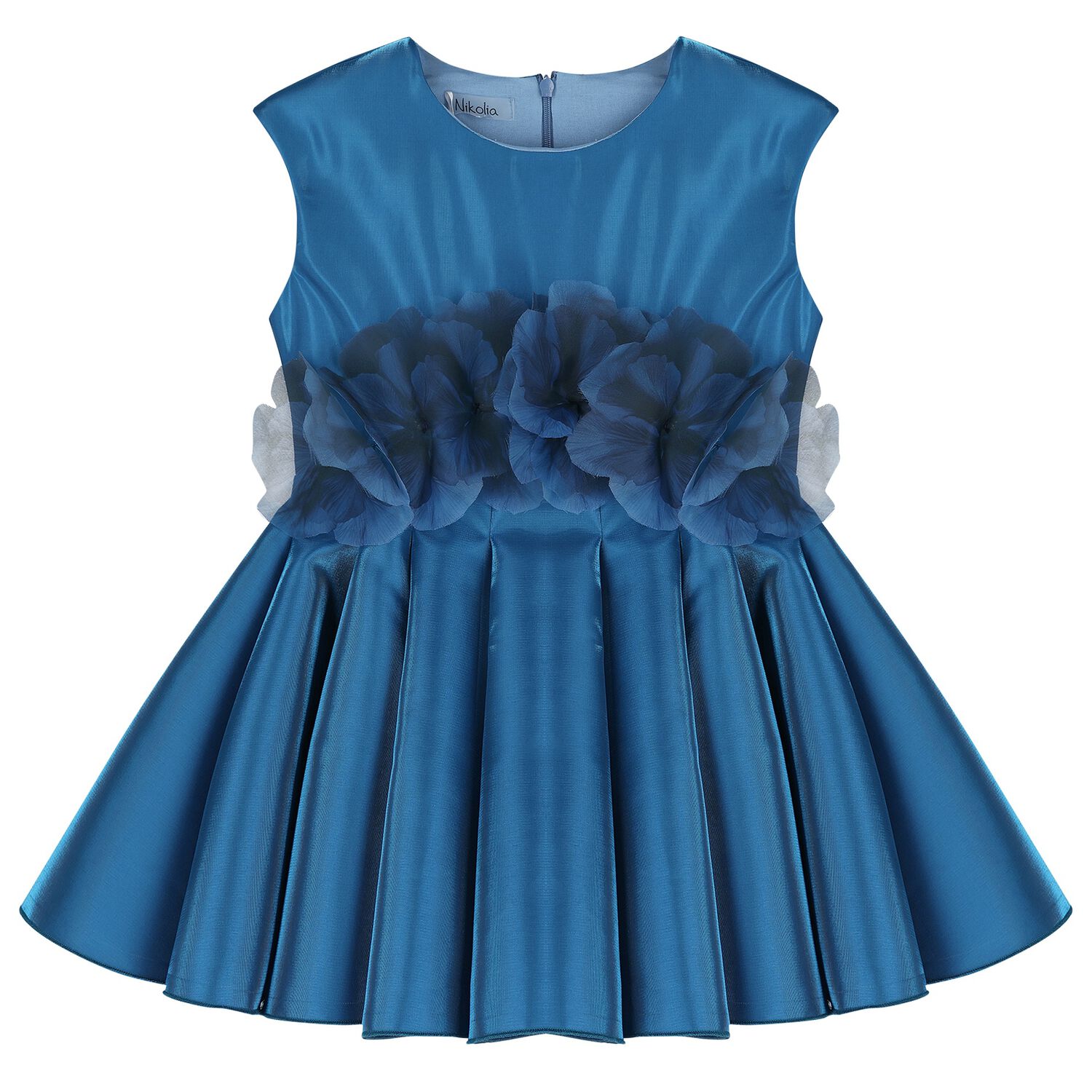 Girls Blue 3D Floral Satin Dress, 1, hi-res