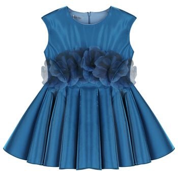Girls Blue 3D Floral Satin Dress