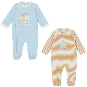 Baby Boys Blue, Beige & Ivory Bunny Babygrow ( 2-Pack )