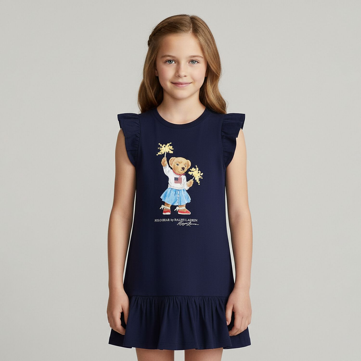 Girls Navy Blue Polo Bear Dress, 1, hi-res