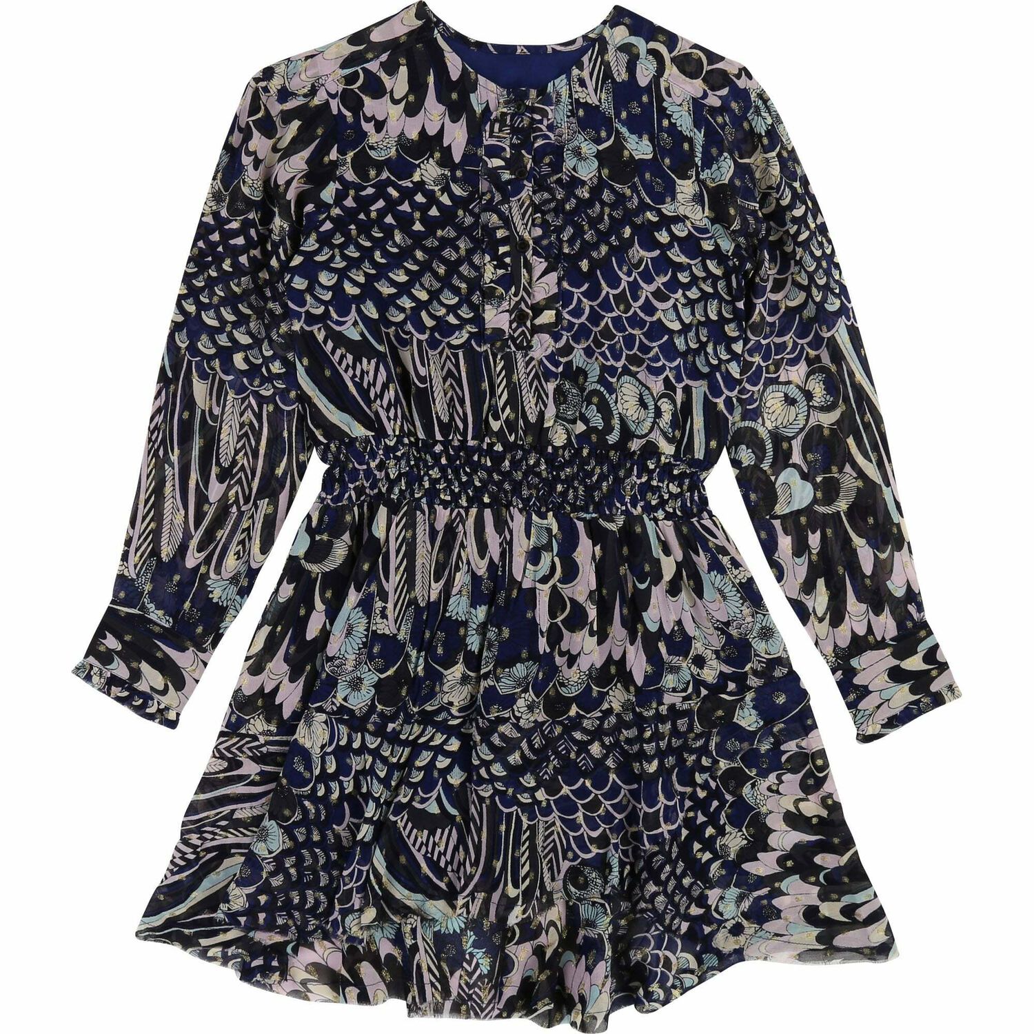 Girls Navy Blue Printed Dress, 1, hi-res