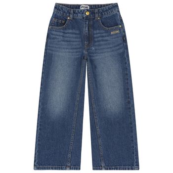 بنطلون جينز بالشعار للبنات باللون الازرق 