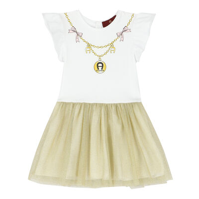Younger Girls White & Gold Logo Dress