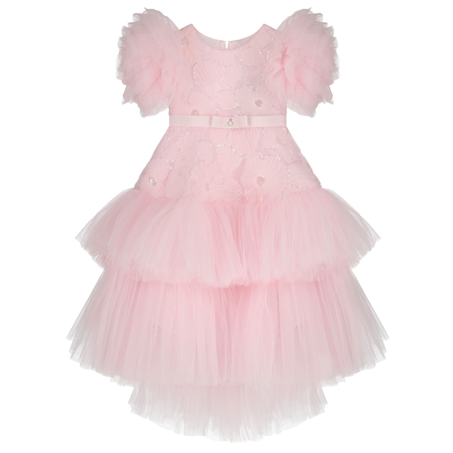 Girls Pink Floral Applique Tulle Dress, 1, hi-res
