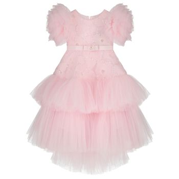 Girls Pink Floral Applique Tulle Dress