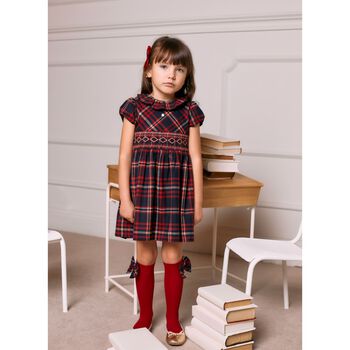 Girls Navy Blue Tartan Smocked Dress