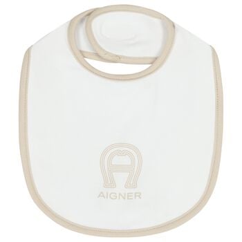 White & Beige Logo Baby Bib