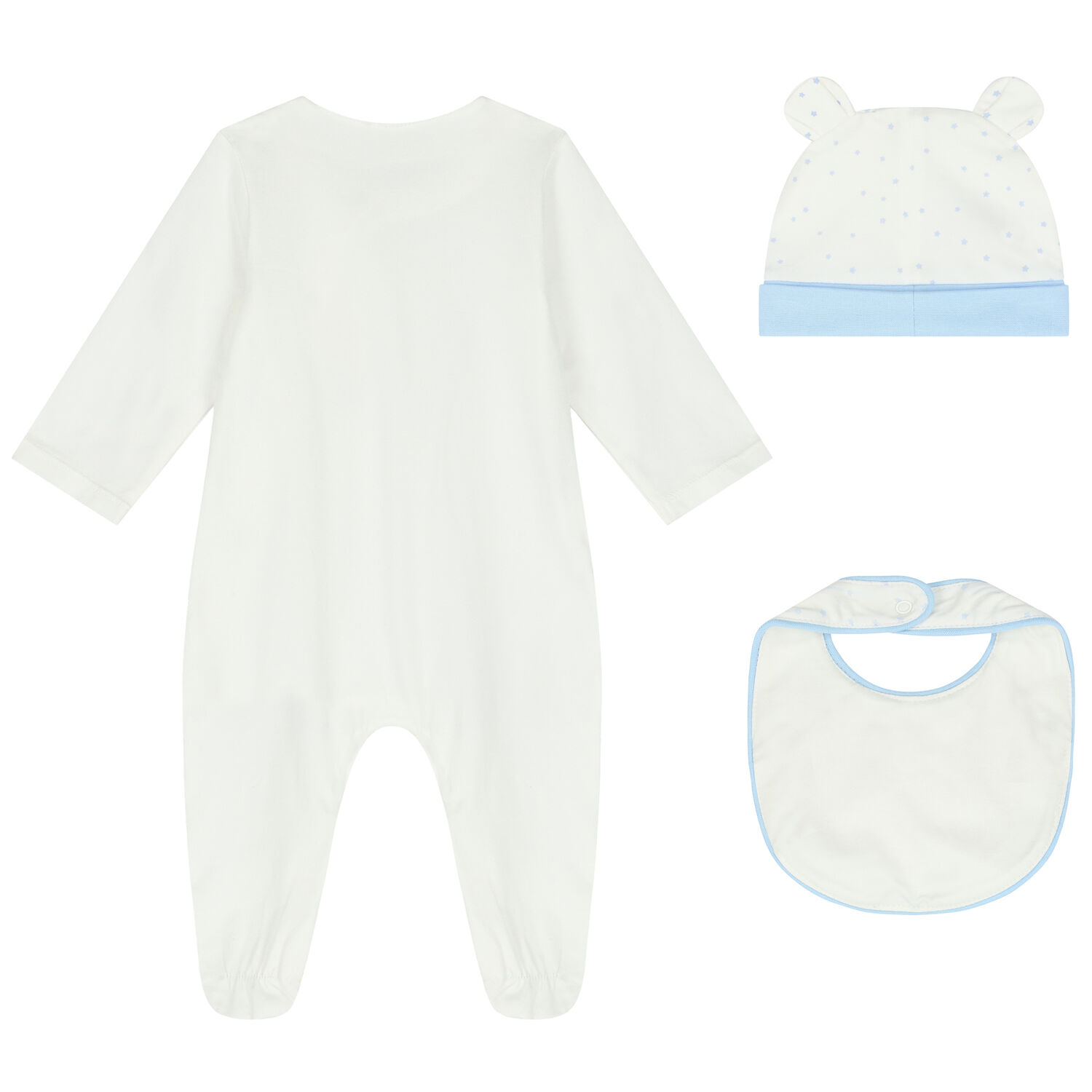 Boys Ivory & Blue Babygrow, Hat & Bib Set, 3, hi-res