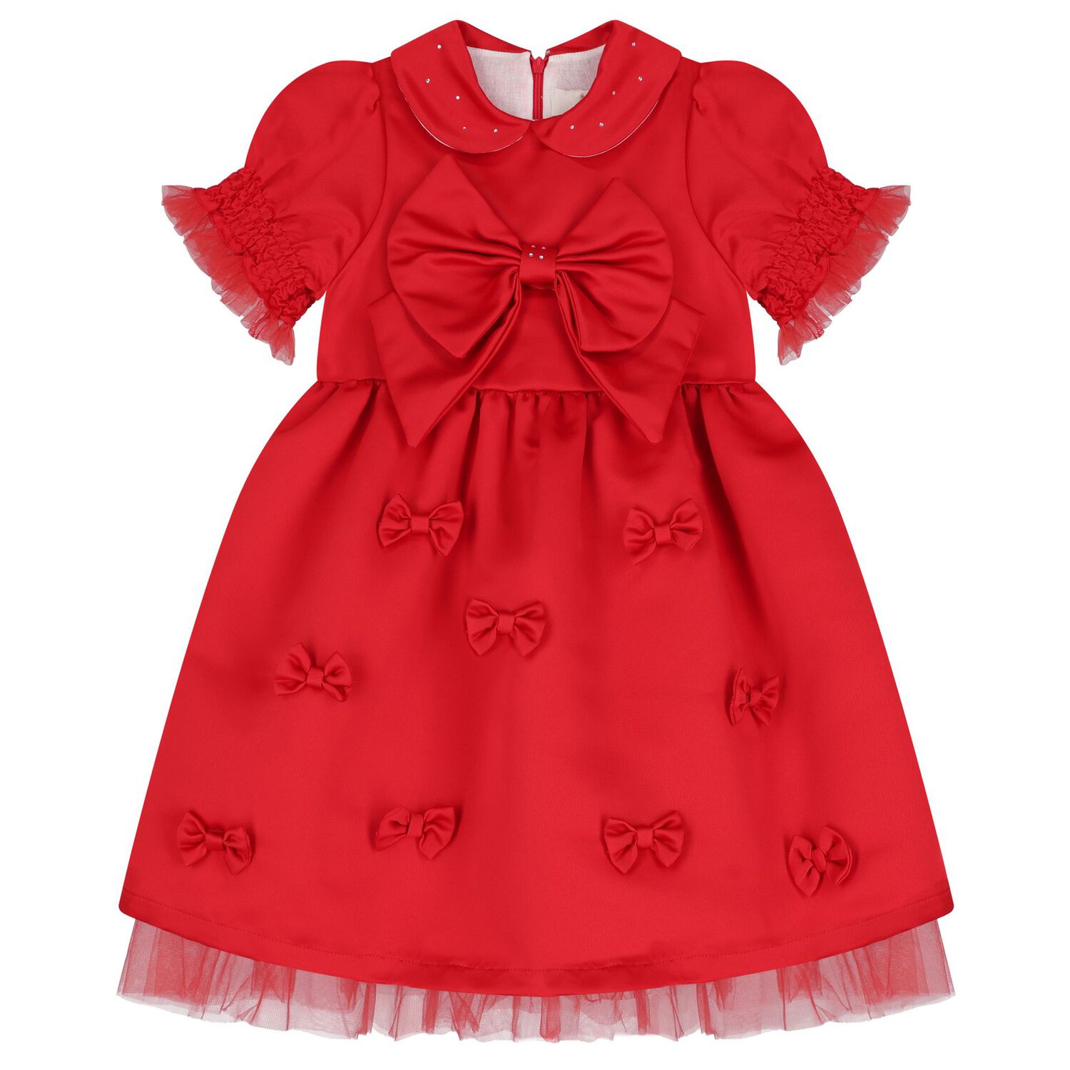 Girls Red Bow Satin Dress & Hairband Set, 1, hi-res