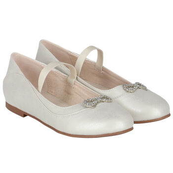 Girls Ivory Diamante Bow Shoes