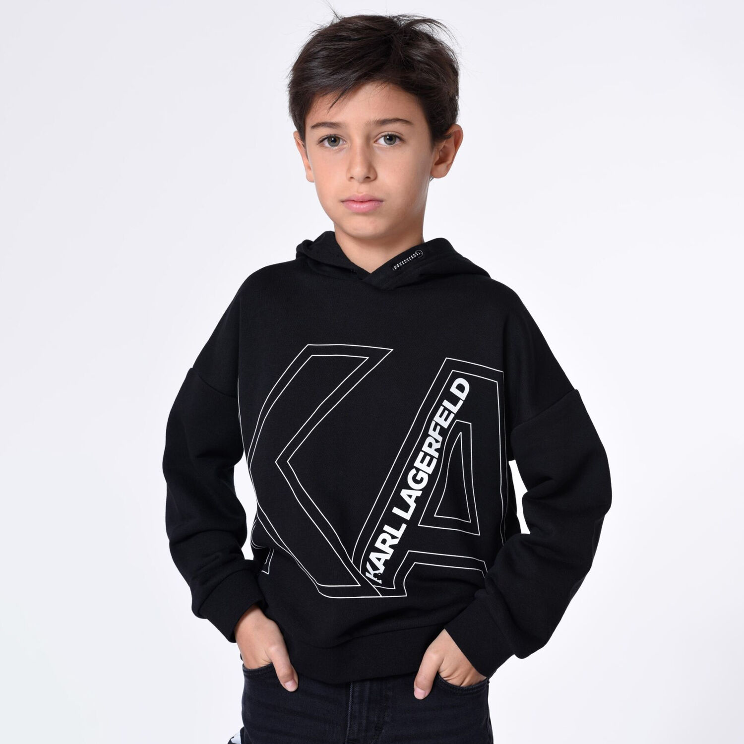 Boys Black Logo Hooded Top, 2, hi-res