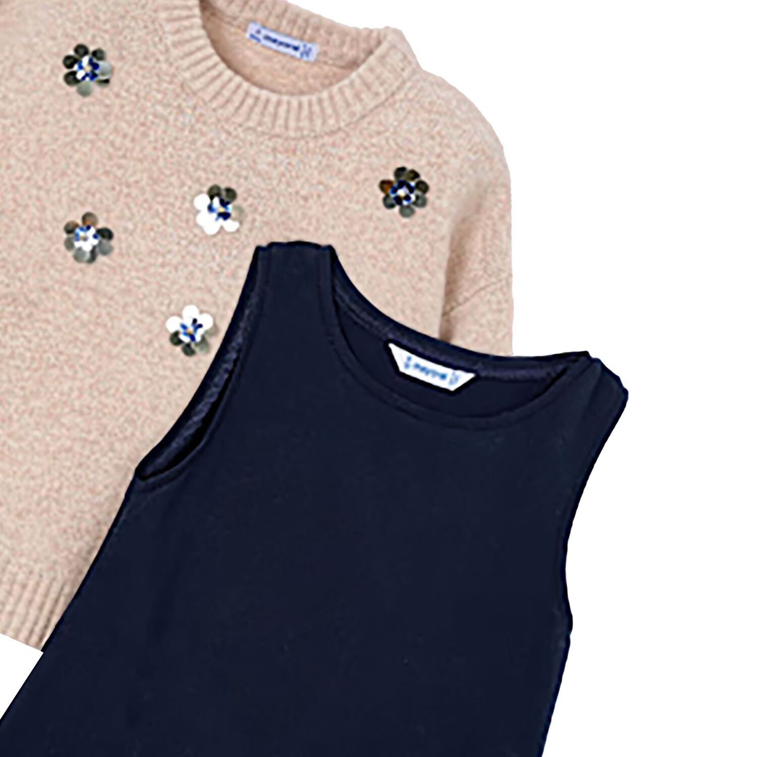 طقم فستان تول للبنات باللون البيج والأزرق الداكن, 2, hi-res