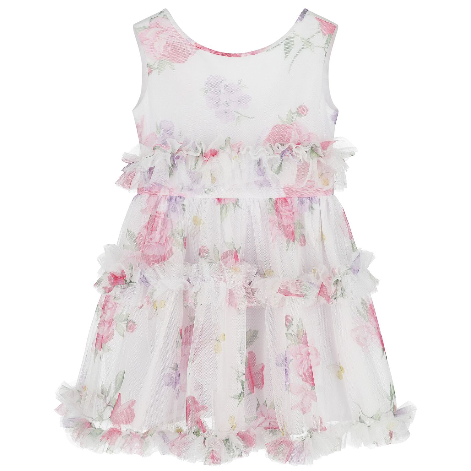 Girls White Floral Tulle Dress, 2, hi-res