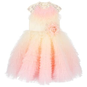 Girls Pink & Yellow Tulle Ruffled Dress