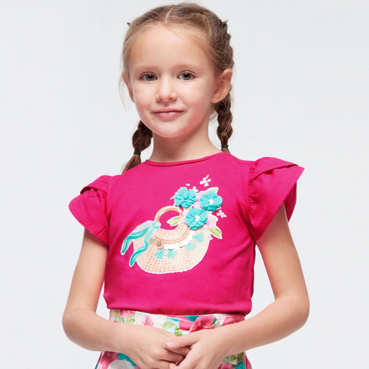 تيشيرت بنات بطبعة باللون الزهري, 1, hi-res