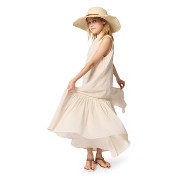 فستان بنات بدون اكمام بالشعارباللون البيج 