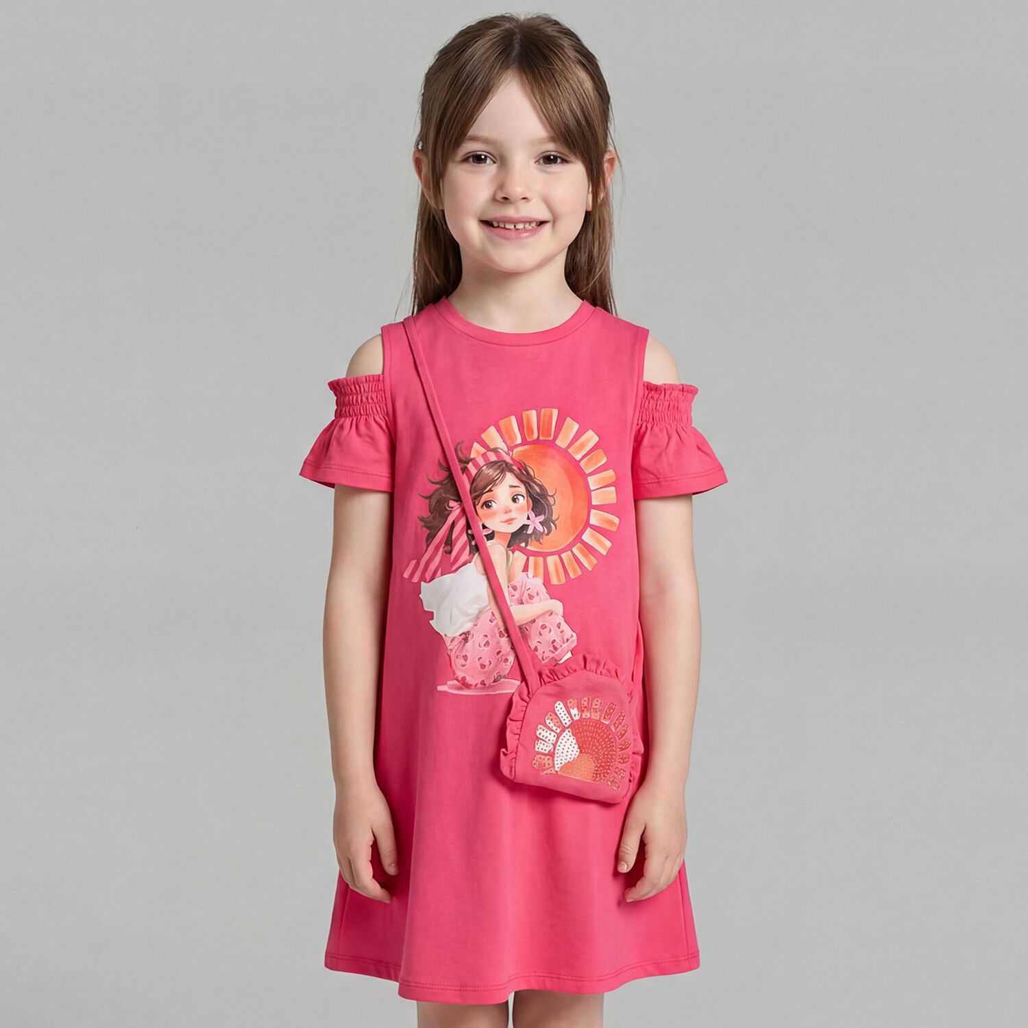 Girls Pink Ruffled Dress Set, 1, hi-res