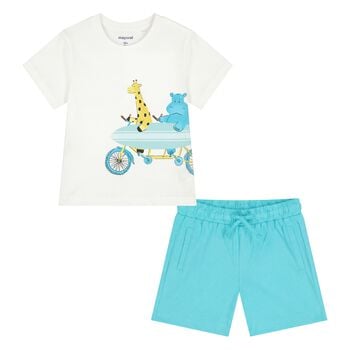 Younger Boys White & Aqua Shorts Set